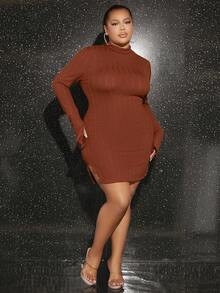 SHEIN SXY Hơn Cổ giả Cuff chia Váy bodycon - màu nâu - Xem 5