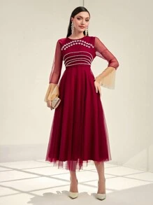 Modelyn Váy lưới tay bèo đính hạt ngọc trai màu đỏ tía tương phản - Màu Đỏ Sâu - Xem 4