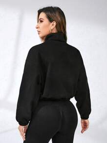 Letter Graphic Half Zip Drop Shoulder Crop Sweatshirt - Black - View 2