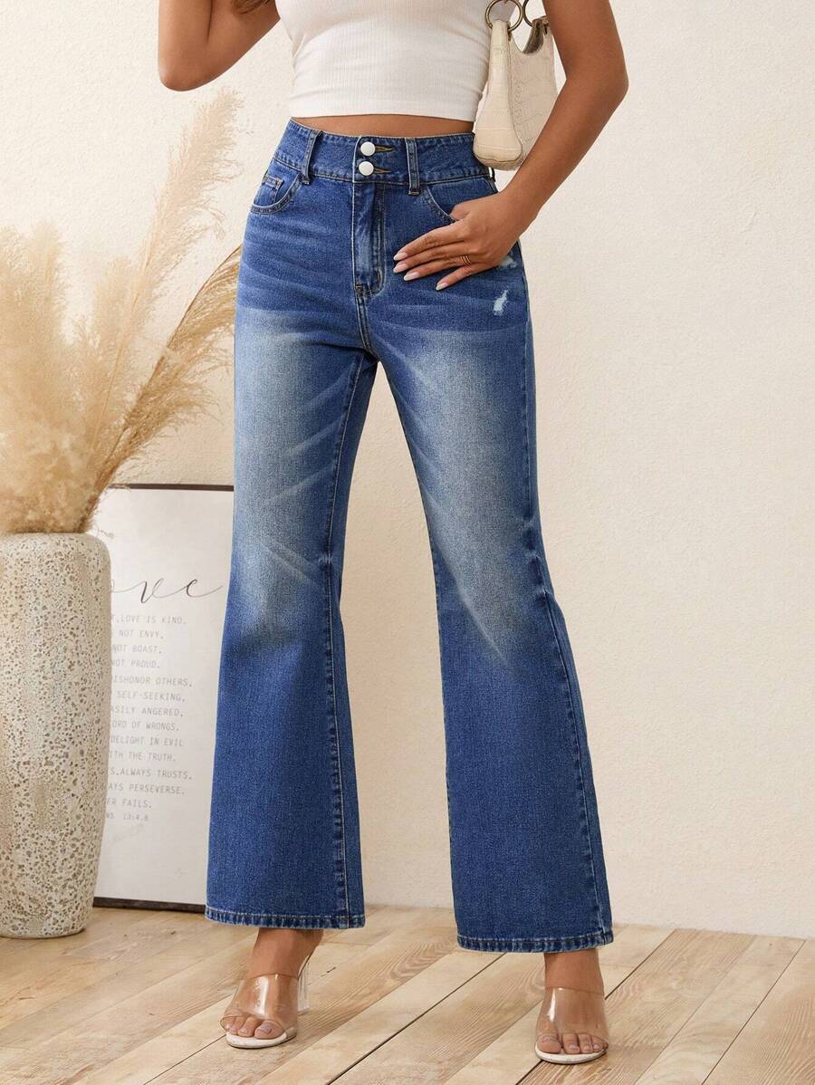 SHEIN LUNE Ripped Flare Leg Jeans - Dark Wash - View 1