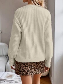 SHEIN Privé Solid Drop Shoulder Ribbed Knit Sweater - Apricot - View 2