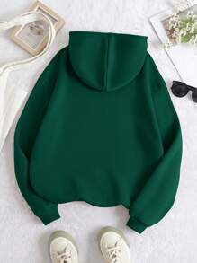 SHEIN Essnce Áo hoodie lót nhiệt dành cho nữ có in khẩu hiệu - Màu xanh lá cây đậm - Xem 2