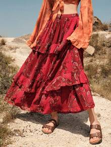 Bohemela 佩斯利印花荷葉邊半身裙 - 紅色 - 查看 8