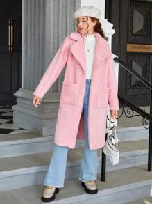 青少年女孩西裝領雙口袋絨毛外套 - 粉色 - 查看 3