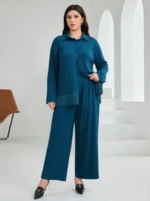 Mulvari Plus Size Fringe Hem Blouse And Wide Leg Pants Set - Blue - View 2
