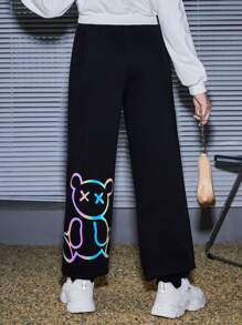 SHEIN 少女反光卡通圖形口袋運動褲 - 黑色 - 查看 3