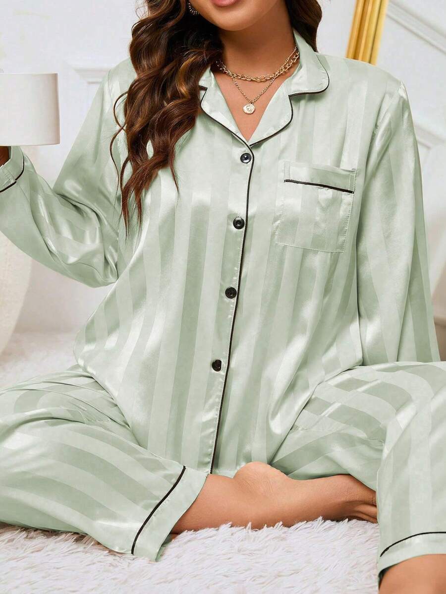Plus Striped Jacquard Contrast Piping Satin Top & Pants PJ Set, Pajama Set, Fall Winter Clothes
