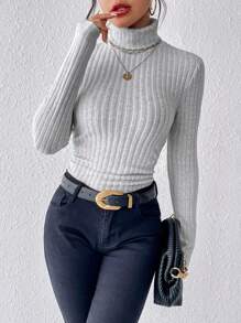 SHEIN Frenchy 高领罗纹针织 T 恤 - 灰色 - 查看 5