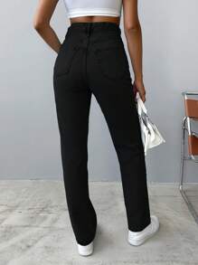 EURMUSE 100%Cotton Women's Slant Pocket Casual Straight Cut Jeans - Black - View 2