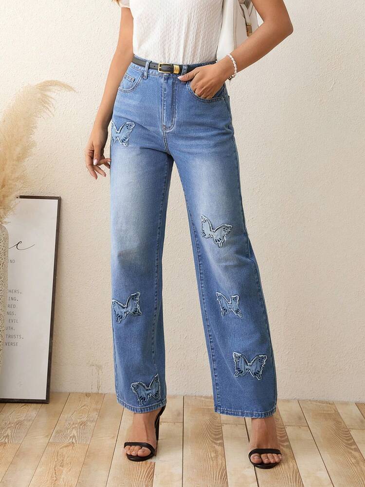 Butterfly Print Straight Leg Jeans Without Belt
