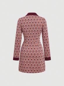 SHEIN MOD Đầm dài tay cổ ve in họa tiết địa lý toàn thân - màu nâu - Xem 2