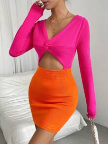 SHEIN Unity 雙色前扭結鏤空毛衣洋裝 - 彩色 - 查看 6