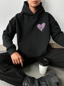 RueChic Heart & Letter Graphic Drop Shoulder Drawstring Hoodie - Black - View 2