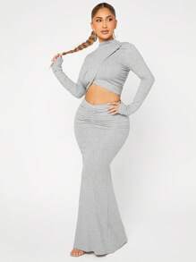 SHEIN SXY Mock Neck Cross Wrap Crop Tee & Ruched Skirt - Grey - View 3