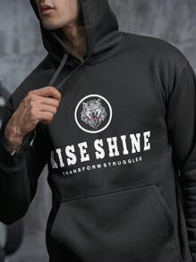 Manfinity Sport Corelite Boyfriend Style Men Letter & Wolf Graphic Kangaroo Pocket Drawstring Sports Sweatshirt Boyfriend Style Men Sweatshirt - Black - View 6