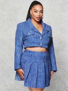 SHEIN BAE Plus Flap Detail Crop Blazer - Blue - View 3