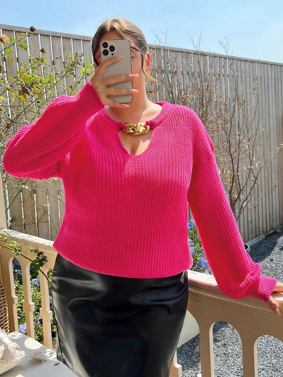 SHEIN CURVE+ Talla grande Jersey con diseño de cadena de cuello con abertura de ojo de hombros caídos