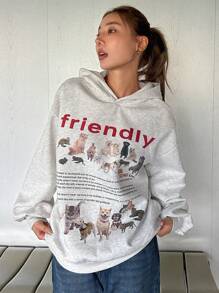 DAZY Slogan & In Động vật Thả vai Hoodie - Xám - Xem 4