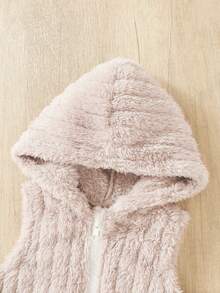 SHEIN 3pcs Girls' Ribbed Crew Neck Long Sleeve Top + Hooded Sleeveless Fuzzy Cardigan + Printed Pants Set, Autumn/Winter - Pink - View 5