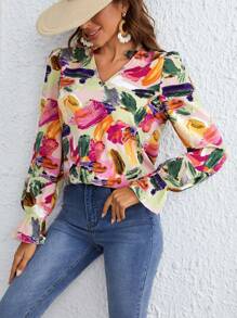 SHEIN VCAY Brush Print Notched Neckline Flounce Sleeve Blouse - Multicolor - View 3