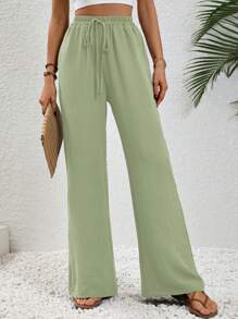 SHEIN LUNE Solid Drawstring Waist Wide Leg Pants Fall Cloth For Women - Mint Green - View 6