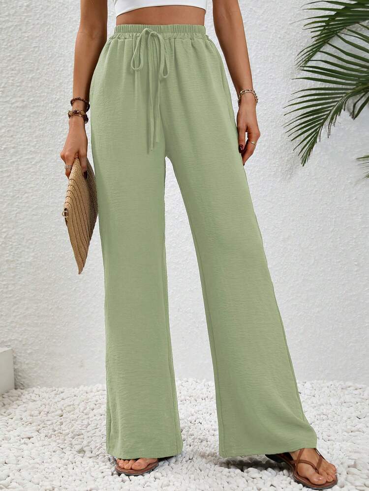 Solid Drawstring Waist Wide Leg Pants Fall Cloth For Women