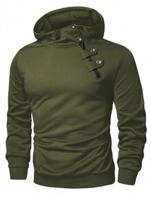 Manfinity Homme Men Button Detail Hooded Sweatshirt, Men Green Hoodie, Dark Green Hoodie, Men Casual Hoodie