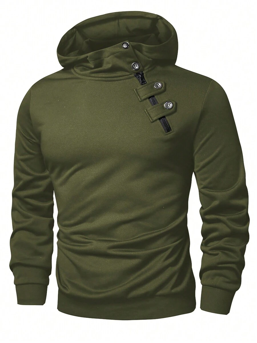 Manfinity Homme Men Button Detail Hooded Sweatshirt, Men Green Hoodie, Dark Green Hoodie, Men Casual Hoodie