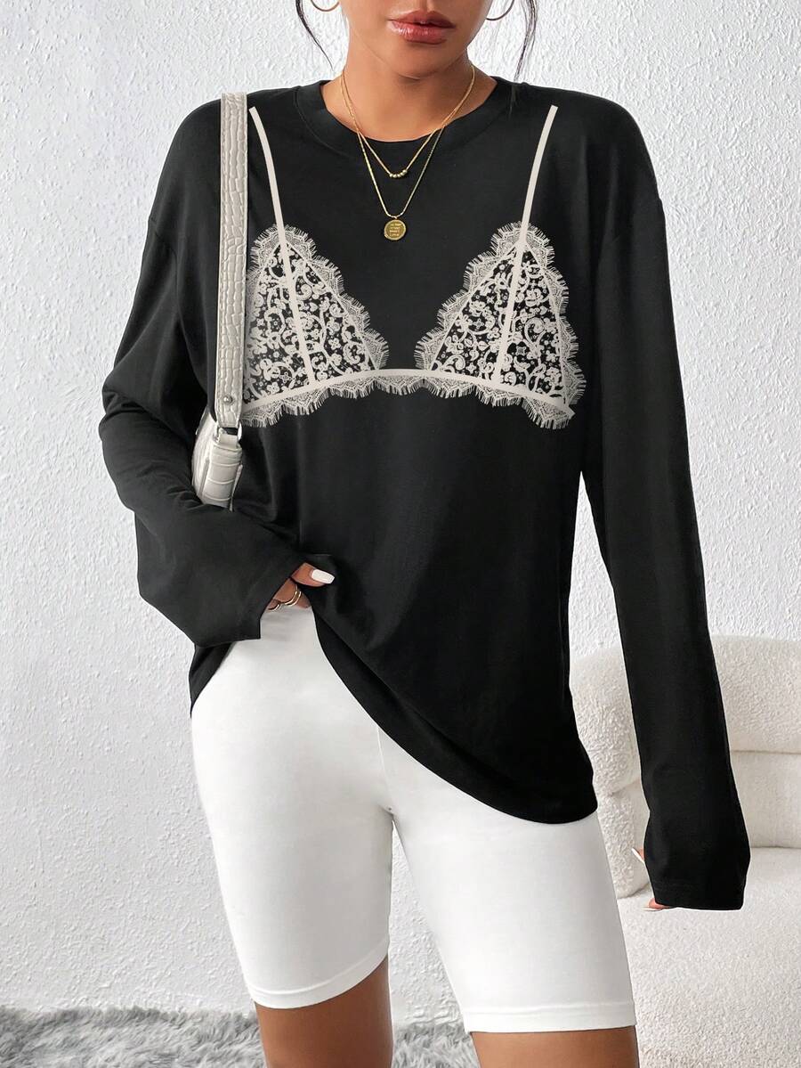 SHEIN Essnce 圖案印花落肩T恤 - 黑色 - 查看 1