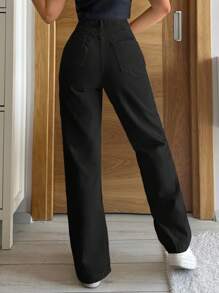 EURMUSE Ladies' Solid Color Straight Leg Jeans - Black - View 2