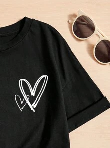 SHEIN Leap Crew 青少年女孩宽松休闲心形印花圆领短袖 T 恤 - 黑色 - 查看 3