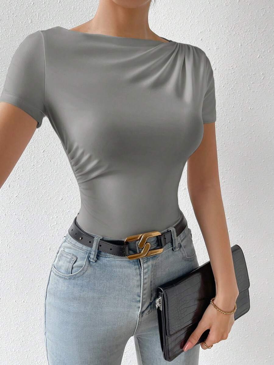 SHEIN Privé Solid Boat Neck Ruched Detail Tee - Grey - View 1