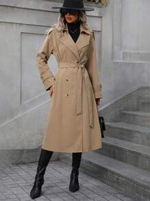 SHEIN Frenchy Đôi ngực Thắt lưng Áo khoác Trench - Màu Khaki - Xem 4