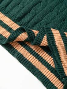 Manfinity Homme Men Letter Pattern Striped Trim Zipper Front Cable Knit Sweater - Dark Green - View 4