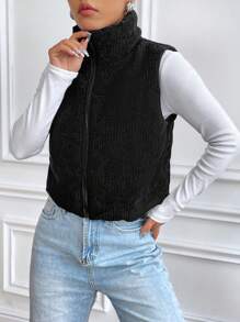 Flirla Zip Up Corduroy Winter Clothes Vest Padded Coat - Black - View 6