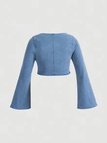 SHEIN MOD Plus Tie Front Trumpet Sleeve Denim Top - Light Wash - View 2