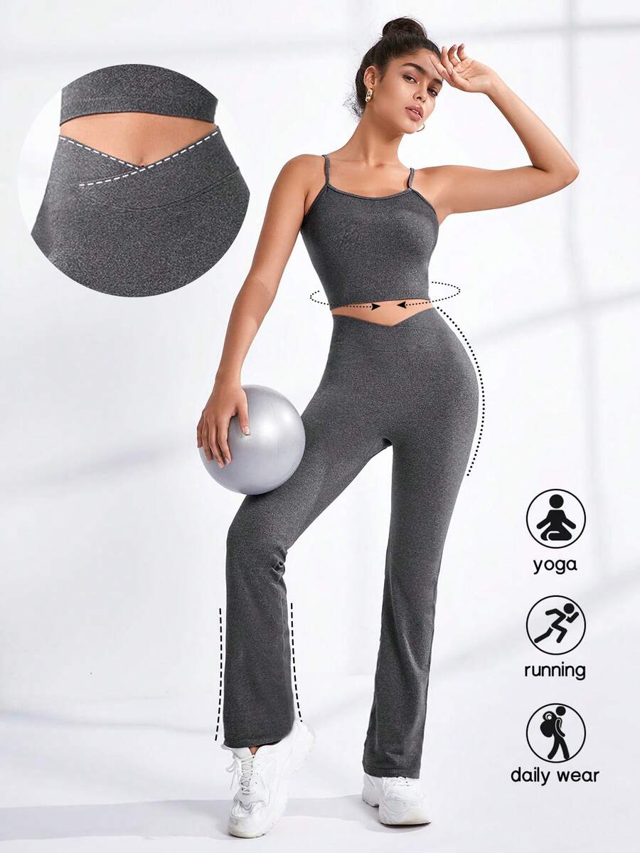 SHEIN Sports Solid Sports Set Flared Leggings Setyoga Pants Setactivewear Setyoga Sets Women - Grey - View 1
