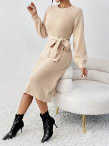 SHEIN Privé 插肩袖腰帶毛衣洋裝 - 駝色 - 查看 1