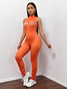 Slaydiva Neon Orange Letter Graphic Mock Neck Unitard Jumpsuit - Orange - View 4