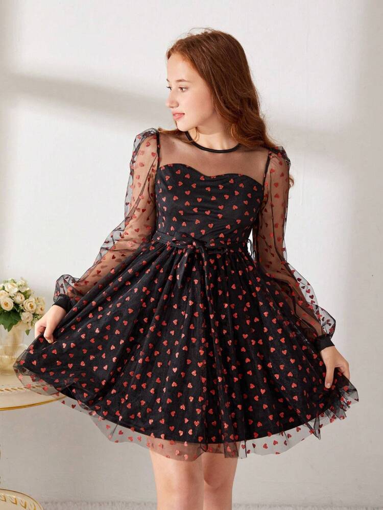 Teen Girl Heart Print Mesh Overlay Belted Dress