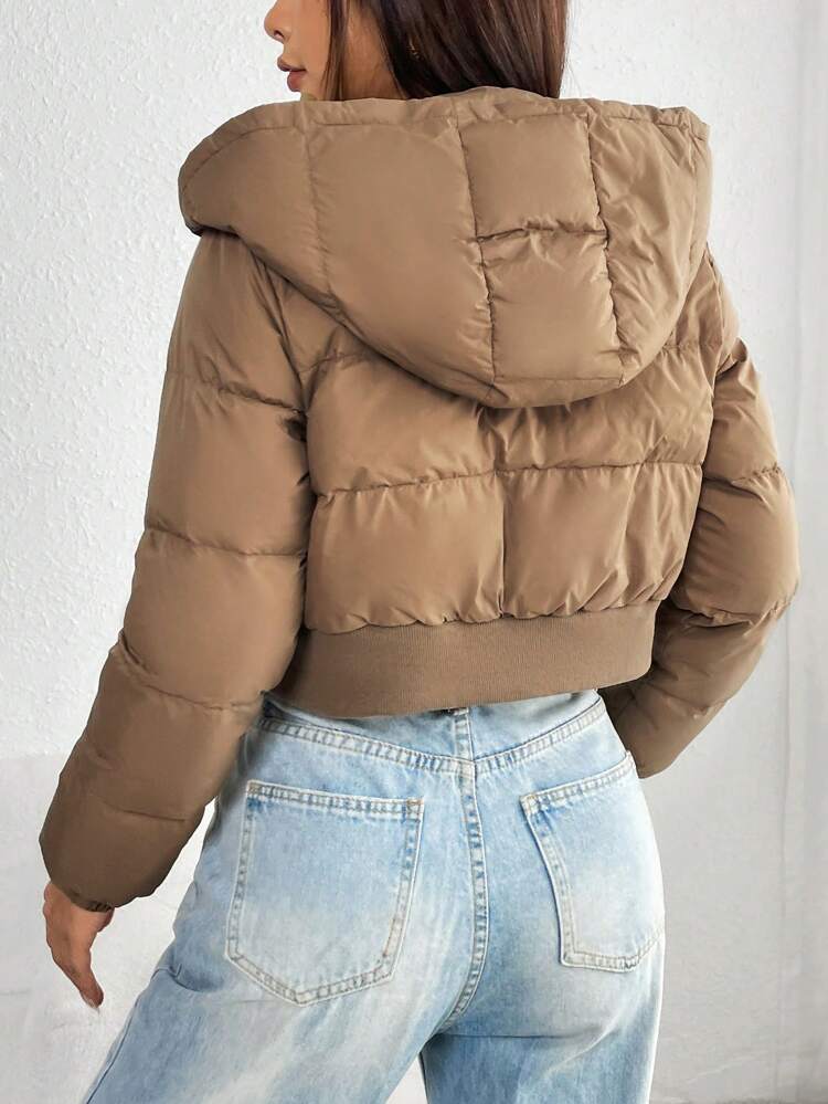 Zip Up Solid Casual Hooded Winter Coat