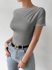 SHEIN Privé Solid Boat Neck Ruched Detail Tee - Grey - View 6