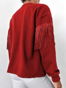 EURMUSE Drop Shoulder Fringe Trim Sweatshirt - Red - View 2