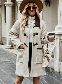 SHEIN LUNE Duffel-Coat En Duveteux À Col Contrastant Avec Poches Épaule tombante