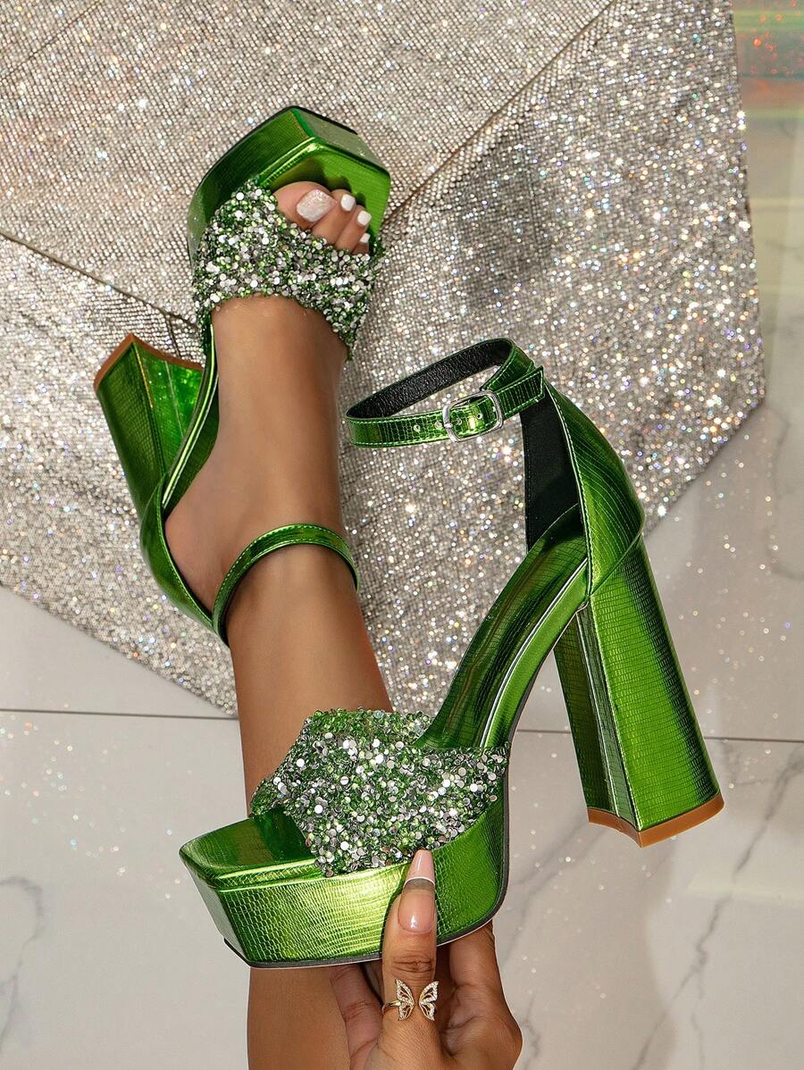 新款高跟厚底涼鞋女款,時尚閃亮綠色女鞋 - 綠色 - 查看 1