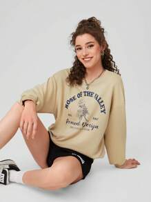 Forever 21 Women'S Floral & Letter Printed Drop Shoulder Sweatshirt - Khaki - View 1