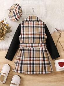 SHEIN 女小童格紋印花腰帶外套馬甲&T恤&帽