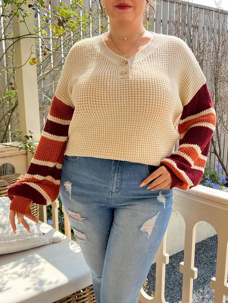 Plus Striped Pattern Drop Shoulder Sweater Knit Pullover Fall Winter Sweater
