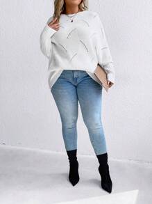 SHEIN LUNE Plus Batwing Sleeve Pointelle Knit Sweater - White - View 4