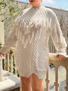SHEIN MOOSTA Talla grande Vestido de punto ribete con fleco de hombros caídos bajo con abertura - Blanco - Ver 5